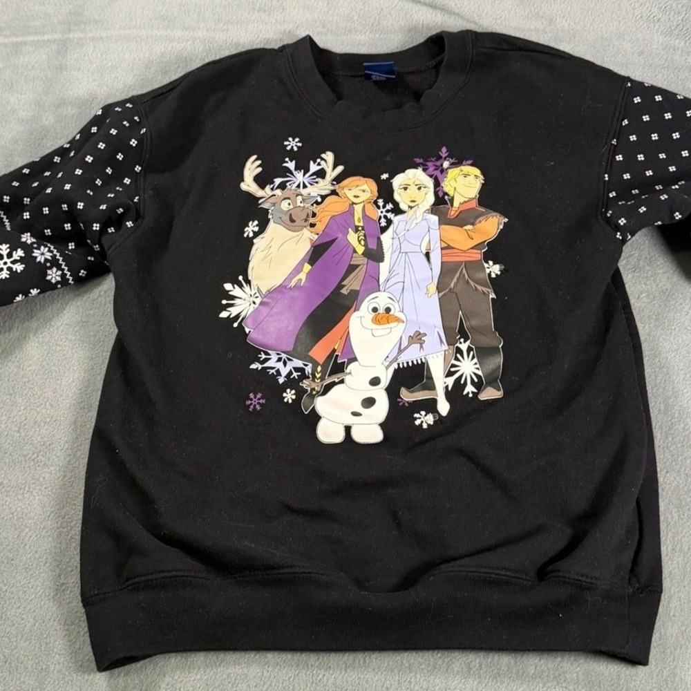 Disney Frozen II Light Up Sweatshirt Girls Medium 7-9 Black Fair Isle Sleeves